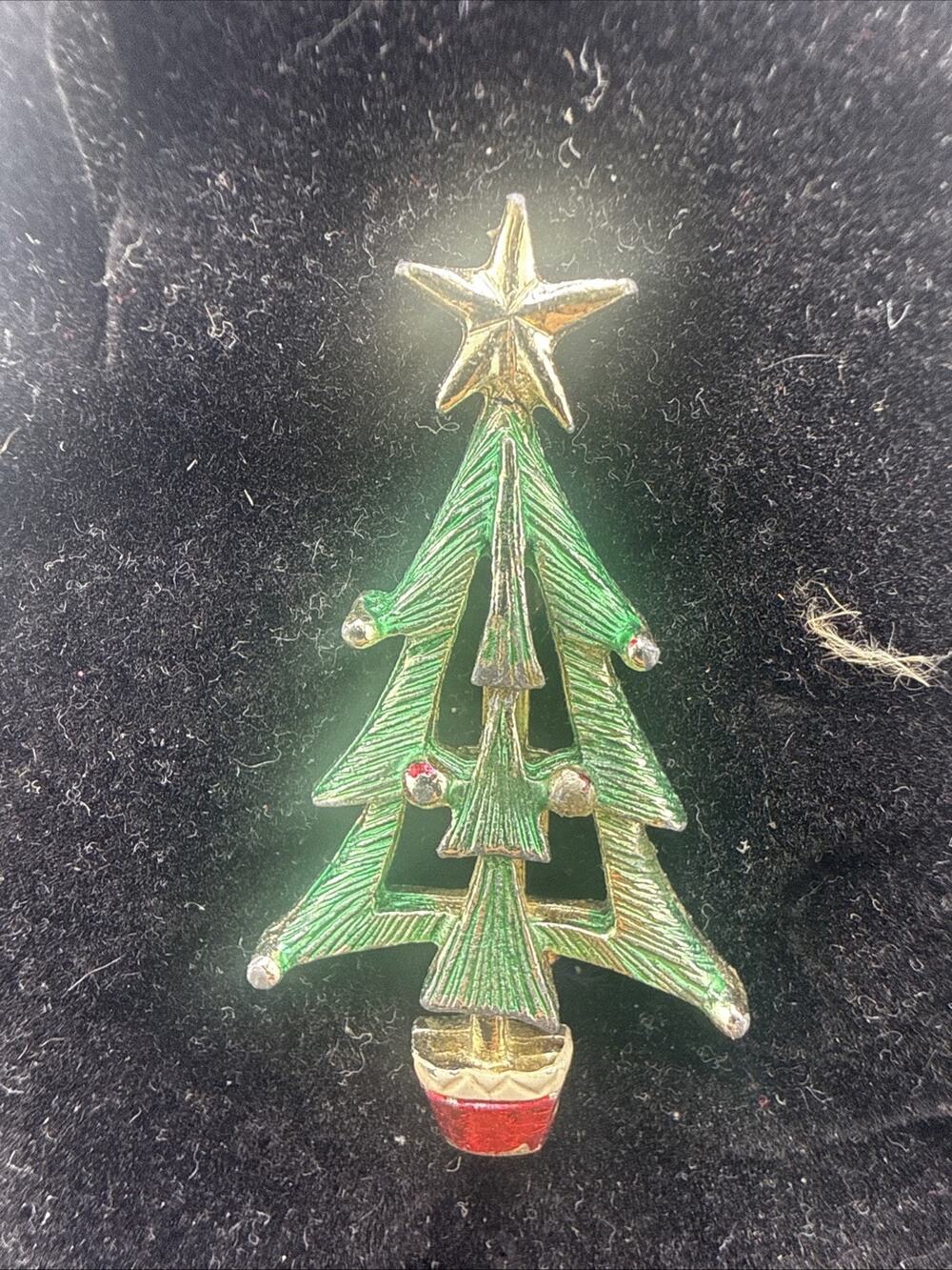 Vintage Signed BJ Beatrix Christmas Tree Brooch Pin Green Enamel Gold Tone 1960s